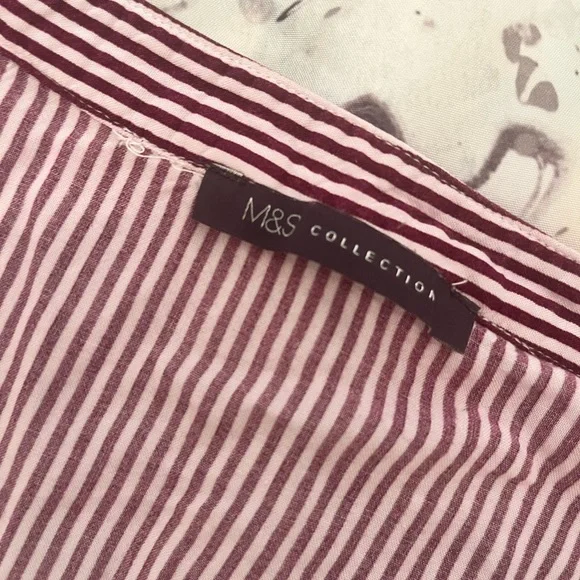 MARKS & SPENCER Womens Top Blouse Striped Red White Burgundy Cuffed Pocket - Picture 7 of 8